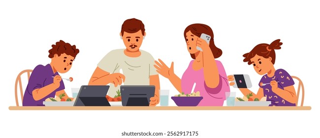 Gadget-addicted family with two children at dinner table flat vector illustration isolated on white. Parents and children using tablets and smartphone while eating.