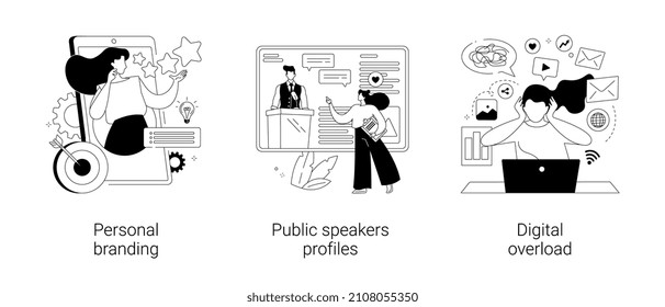 Gadget-dependent life abstract concept vector illustration set. Personal branding, public speakers profiles, digital overload and burnout, social media blog, expert reputation abstract metaphor.