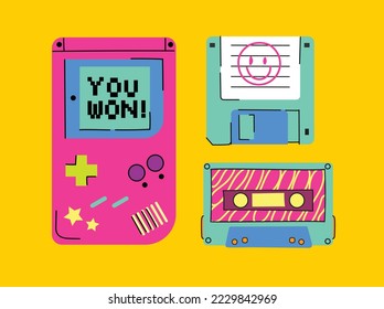 Gadgets 90's vector icon set. Popular in the 90's gadgets game console, audio cassette, floppy disk, vhs cassette, etc. Old hipster tech gadgets and electronics.