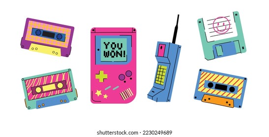 Gadgets 90's vector icon set. Popular in the 90's gadgets game console, audio cassette, floppy disk, vhs cassette, mobile phone etc. Old hipster tech gadgets and electronics.