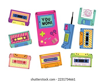 Gadgets 90's vector icon set. Popular in the 90's gadgets game console, audio cassette, floppy disk, vhs cassette, mobile phone etc. Old hipster tech gadgets and electronics.