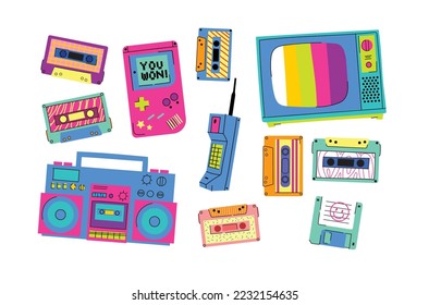 Gadgets-Vektorsymbol-Set der 90er Jahre. Beliebt in der Spielekonsole der 90er Jahre, Audiokassette, Diskette, VHS-Kassette, TV, Mobiltelefon usw. Alte Hipster-Tech-Geräte und Elektronik.