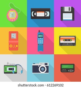 Gadgets 90's vector icon set. Popular in the 90's gadgets game console, pager, audio cassette, player, floppy disk, vhs cassette, etc. Old hipster tech gadgets and electronics.