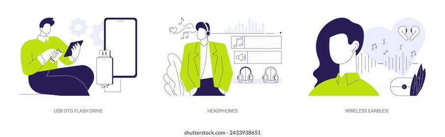 Gadgets and accessories abstract concept vector illustration set. USB OTG flash drive, listening to music with headphones and wireless earbuds, external memory, mobile technology abstract metaphor.