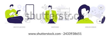 Gadgets and accessories abstract concept vector illustration set. USB OTG flash drive, listening to music with headphones and wireless earbuds, external memory, mobile technology abstract metaphor.