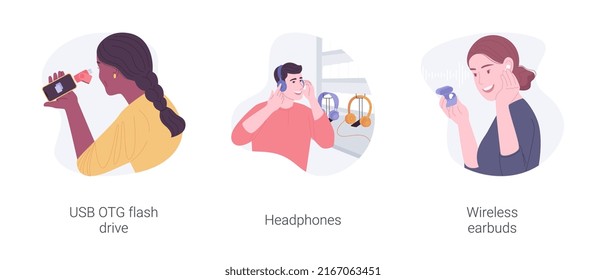 Gadgets and accessories isolated cartoon vector illustrations set. USB OTG flash drive, listening to music with headphones and wireless earbuds, external memory, mobile technology vector cartoon.