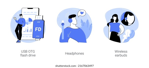 Gadgets and accessories isolated cartoon vector illustrations set. USB OTG flash drive, listening to music with headphones and wireless earbuds, external memory, mobile technology vector cartoon.