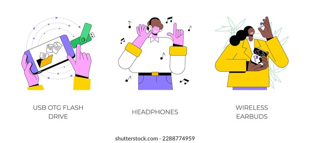 Gadgets y accesorios aislados ilustraciones vectoriales de dibujos animados conjunto. USB OTG flash drive, escuchando música con auriculares y audífonos inalámbricos, memoria externa, caricatura vectorial de tecnología móvil.