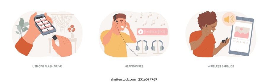 Gadgets and accessories isolated cartoon vector illustrations set. USB OTG flash drive, listening to music with headphones and wireless earbuds, external memory, mobile technology vector cartoon.