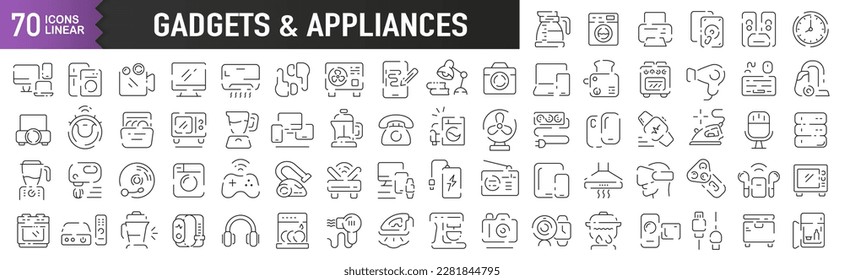 Gadgets and appliances black linear icons. Collection of 70 icons in black. Big set of linear icons