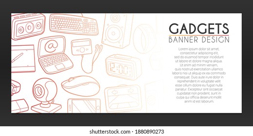 Gadgets Banner Doodles. Obra de la mano de Internet. Ilustración web del equipo. Diseño horizontal del vector de tecnología.