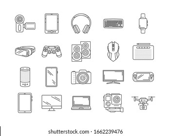Gadgets black line icons set. Electronic devices. Designed to facilitate and improve human life. Pictogram for web page, mobile app, promo. UI UX GUI design element. Editable stroke.