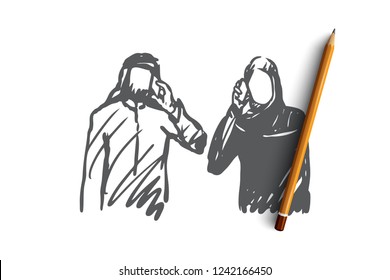 Gadgets, businessman, Muslim, Islam, Arab concept. Hand drawn muslim man and woman talking by phone concept sketch. Isolated vector illustration.