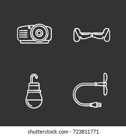 Gadgets chalk icons set. Projector, USB fan, gyroscooter, light bulb. Isolated vector chalkboard illustrations