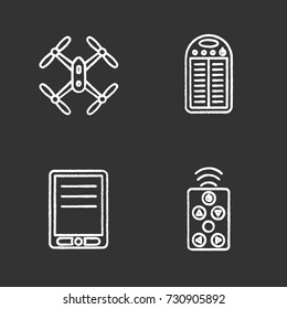 Gadgets chalk icons set. Quadrocopter, portable solar charger, electronic book, remote controller. Isolated vector chalkboard illustrations