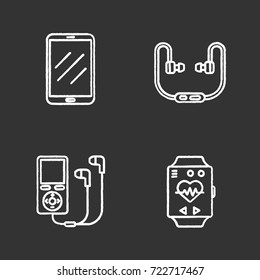 Gadgets chalk icons set. Tablet computer, headphones, mp3 player, sport bracelet. Isolated vector chalkboard illustrations