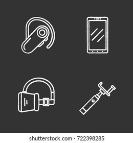 Gadgets chalk icons set. VR and wireless headsets, smartphone, monopod. Isolated vector chalkboard illustrations