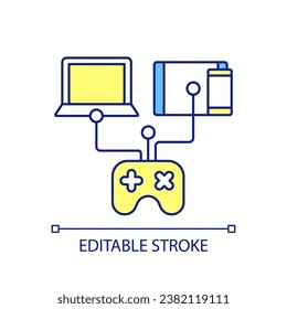 Gadgets compliances RGB color icon. Devices compatibility. Video game playing consoles. Digital technologies. Isolated vector illustration. Simple filled line drawing. Editable stroke. Arial font used