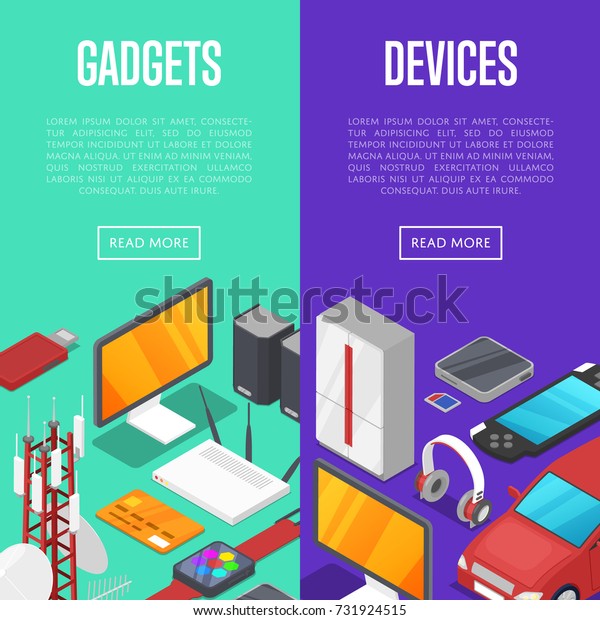 Gadgets and computer devices isometric\
posters. Global social media and communication concept. Smart\
watch, laptop, tablet PC, usb drive, gamepad, mp3 player, wifi\
router vector\
illustration.