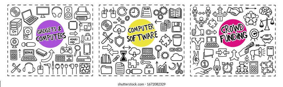 Gadgets and Computers, Computer Software and Crowd Funding doodle icons set