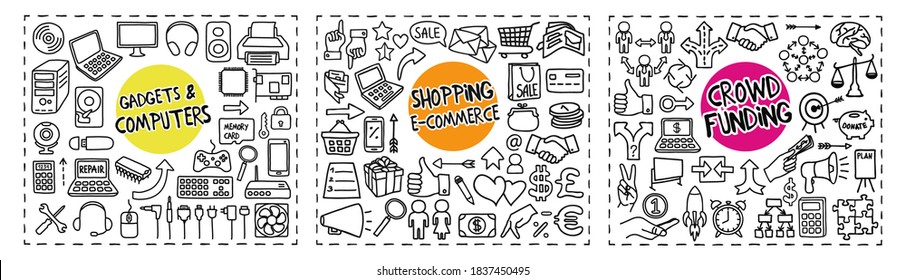 Gadgets and Computers, Shopping and Crowd Funding doodle icons set