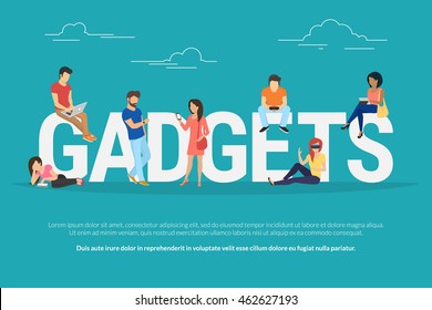 Gadgets concept illustration of young people using devices such as laptop, smartphone, tablets, smart watches and vr helmets. Flat design of gadgets addiction for website banner and landing page