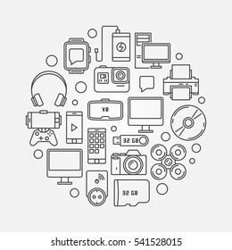 Gadgets concept round illustration. Vector creative symbol made with icons of modern technology objects in thin line style