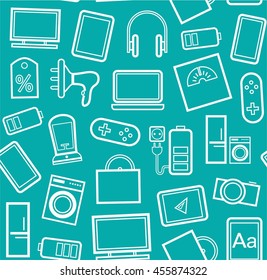 Gadgets and consumer electronics, blue-green background, seamless, linear pattern. Vector blue green background with white line drawings of gadgets and appliances. 