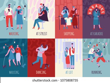 Gadgets dependent cards set with people looking at their smartphones walking running shopping dancing flat vector illustration 