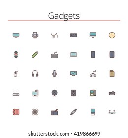 Gadgets and devices colored line icons set. Pixel perfect icons. Vector illustration. Geometric background.