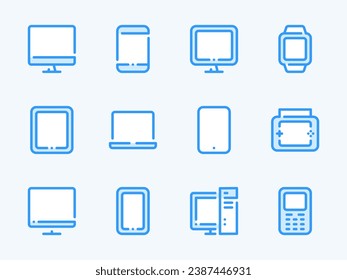 Gadgets y dispositivos con iconos de la línea de vector Display. Juego de iconos de contorno electrónico. Computadora, Smartphone, teléfono móvil, tablet, teléfono celular, escritorio, portátil y más.