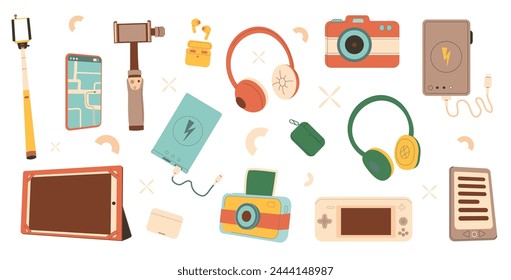 Gadgets devices isolated on white background. Playing console videogame, power bank, camera vector flat illustration. Travel equipment.