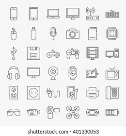 Gadgets And Devices Line Art Design Icons Big Set. Vector Set Of Modern Thin Outline Technology And Electronic Items.