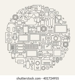 Gadgets and Devices Line Icons Set Circle Shape. Vector Illustration of Modern Technology and Electronics Objects.
