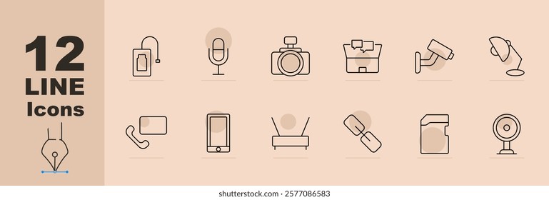 Gadgets and devices set icon Power bank, microphone, camera, comment box, surveillance camera, desk lamp, phone call, tablet, links, smart home, memory card, webcam. Technology, tools, connectivity