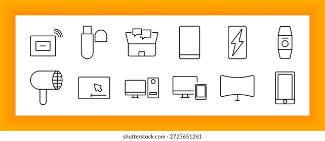 Gadgets und Geräte-Set-Symbol. Wireless-Router, USB, Diskette, Smartphone, Blitz, Smartwatch, Trockner, Cursor, Monitor, mobiles Display, Tower in Umrissen.
