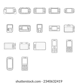 Gadgets-Doodle-Set. tragbare Spielekonsole, Zeichentabine, Mobiltelefon im Skizzenstil. handgezeichnete Vektorgrafik einzeln auf weißem Hintergrund
