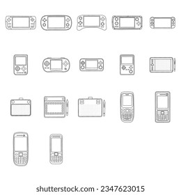 Juego de doodles de gadgets. consola portátil de juegos, tableta de dibujo, teléfono móvil en estilo de esbozo. Ilustración vectorial dibujada a mano aislada en fondo blanco