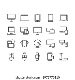 Gadgets and electronic devices flat line icons set. Computer, Tablet, Phone, Monitor, Laptop. Simple flat vector illustration for store, web site or mobile app. Editable stroke.