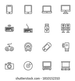 Gadgets, electronic devices line icons set, outline vector symbol collection, linear style pictogram pack. Signs, logo illustration. Set includes icons as digital tablet, laptop computer, pc monitor
