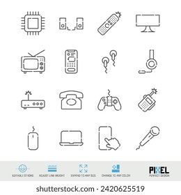 Gadgets, electronic devices related vector line icon set isolated on white. Pixel perfect design. Editable stroke. Adjust line weight. Expand to any size. Change to any color.