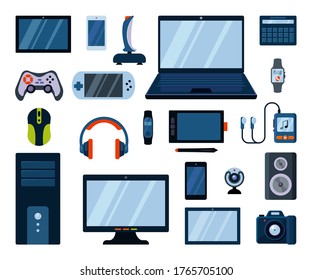 Gadgets electronic large set. Powerful laptop system unit gaming mouse stylish joystick gamepad mp3 player webcam smartphone smart watches modern headphones speakers electronic. Flat style vector.