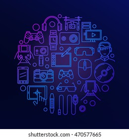 Gadgets and electronics round sign. Vector bright linear concept symbol made with electronic devices icons