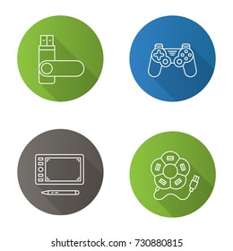 Gadgets flat linear long shadow icons set. USB hub, memory stick, gamepad, graphic tablet. Vector outline illustration