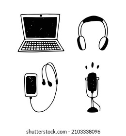 handgezeichnet, im Dodle-Stil: Kopfhörer, Telefon, Mikrofon, Laptop