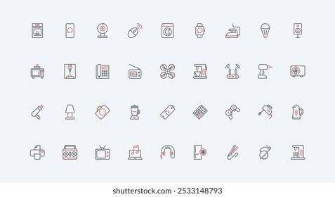 Gadgets and home electrical appliances for household line icon set. Electronic devices for life comfort and cleaning, games, cooking in kitchen thin black and red outline symbols vector illustration