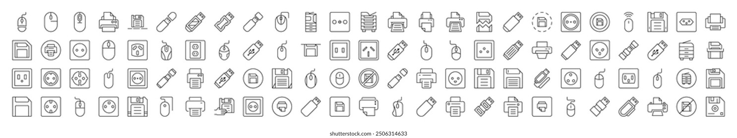 Gadgets Icon Pack. Contains Icons of Icons of Outlet, Mouse, Memory Card, Printer that Can Be Used for Design of Cards, Posts, Apps, Web Sites