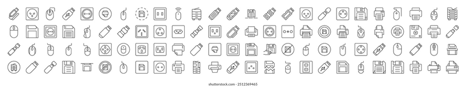 Gadgets Icon Set. Contains Icons of Icons of Outlet, Mouse, Memory Card, Printer that Can Be Used for Design of Cards, Posts, Apps, Web Sites