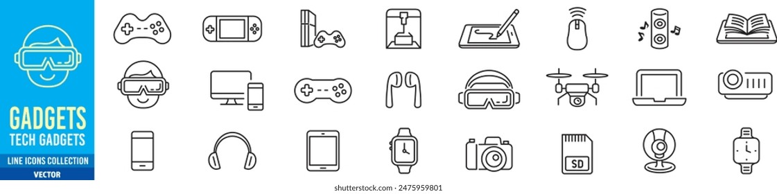 gadgets icon set. Game, gaming, VR, 3D printer, drone, tablet, smartphone, laptop, smartwatch mouse and headphones. Editable stroke icons collection vector illustration.