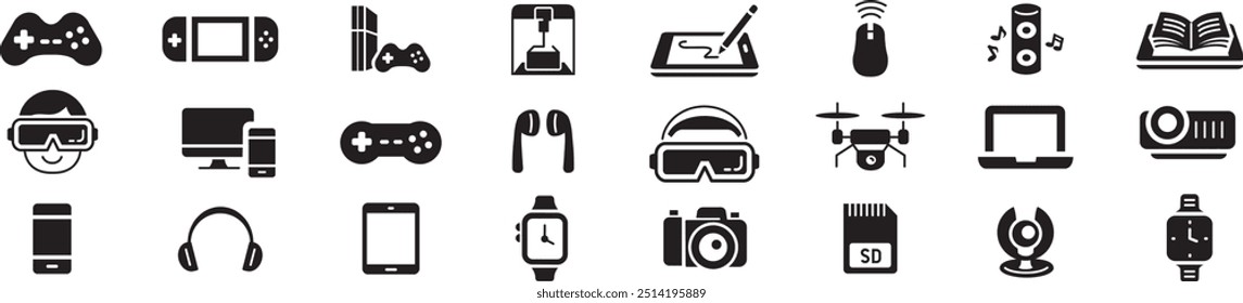Symbolsatz für Minianwendungen. Spiel, Spiele, VR, 3D-Drucker, Drohne, Tablet, Smartphone, Laptop, Smartwatch Maus und Kopfhörer. Bearbeitbare Kontursymbole, Auflistung, Vektorgrafik.